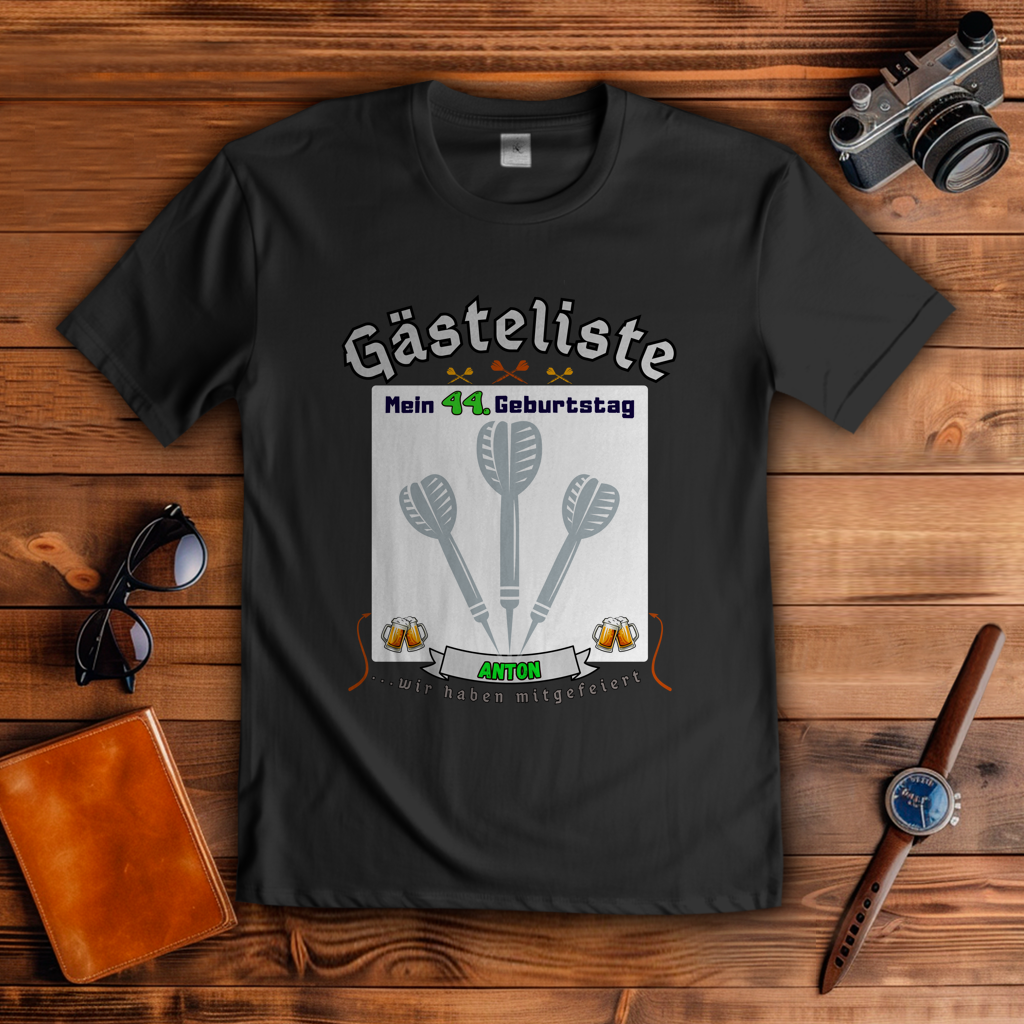 Personalisierbares T-Shirt Gästeliste Dart Pfeil