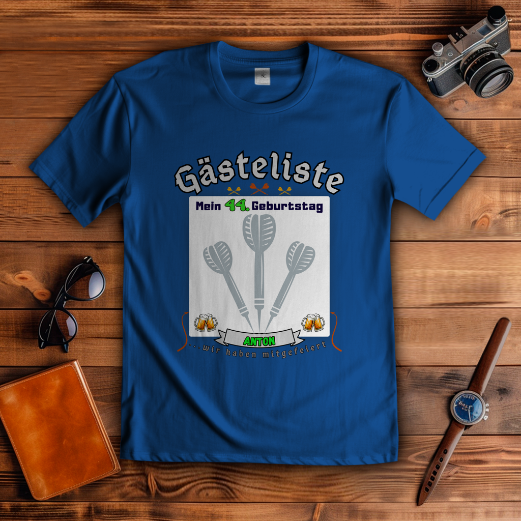 Personalisierbares T-Shirt Gästeliste Dart Pfeil